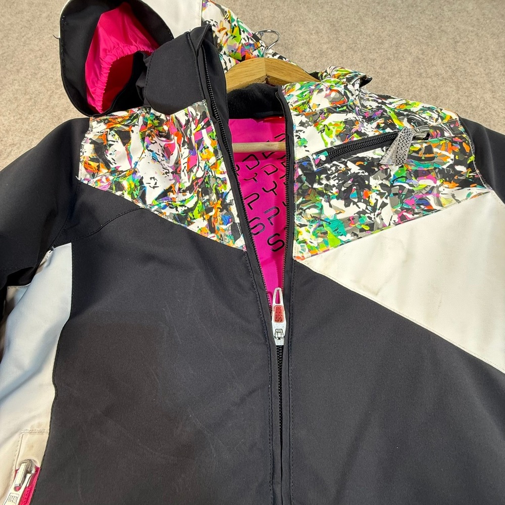 Spyder Kids Ski Jacket Black White Pink Splatter Print Hooded Winter Coat Size 8 - Picture 3 of 8